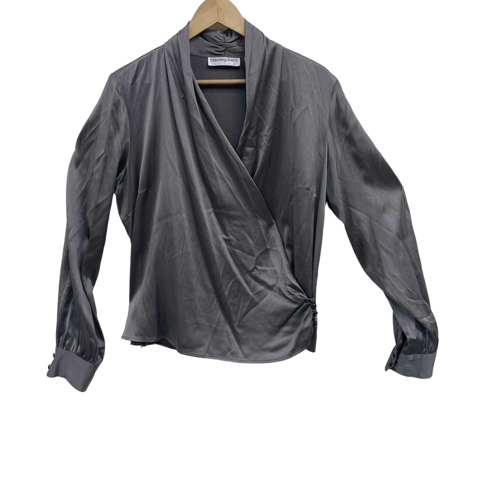 Bloomingdale's Gray V-Neck Wrap Dress Shirt Long Sleeves Size 14